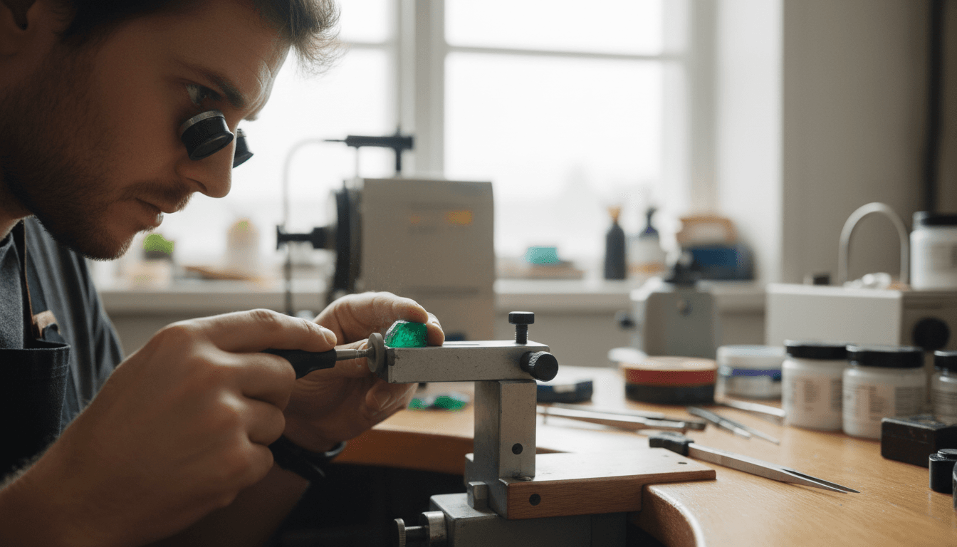 Expert craftsperson cutting an emerald with precision gemstone tools