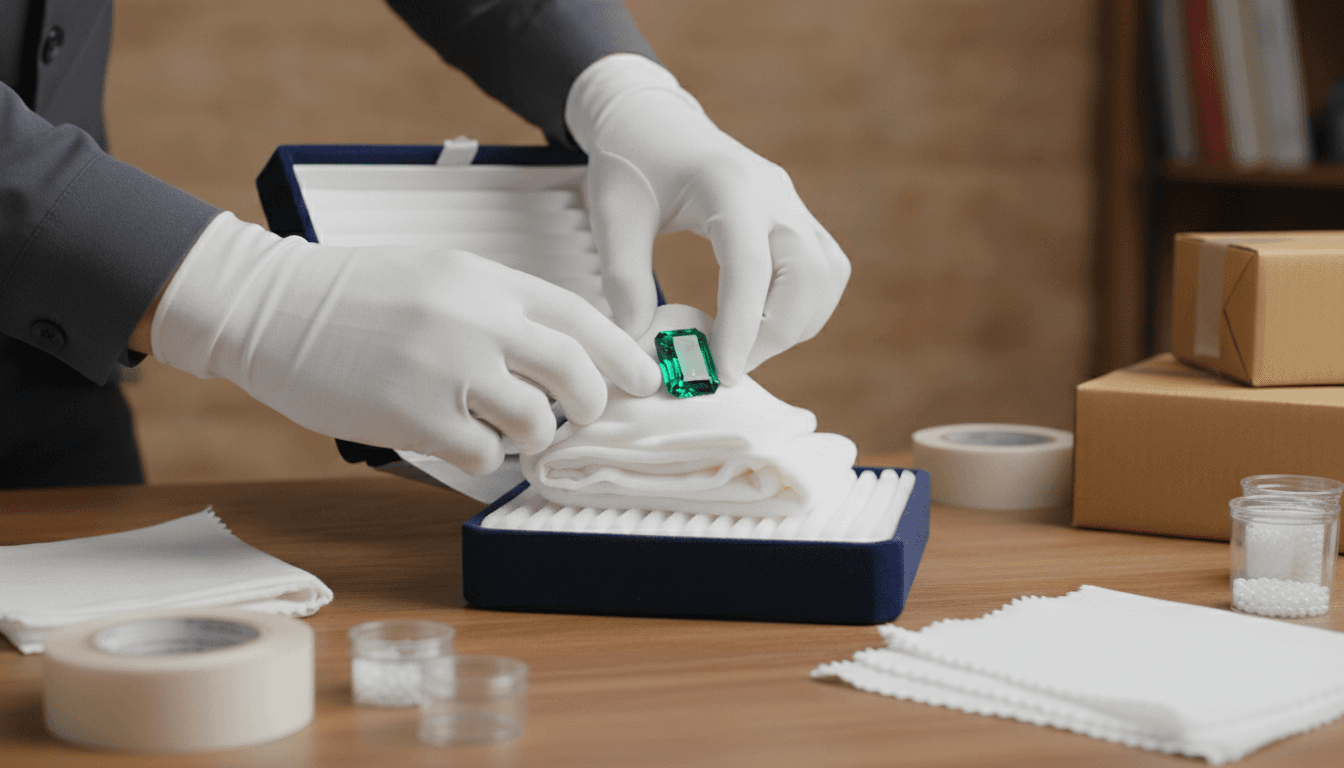 Professional secure packaging and preparation of Colombian emerald for international shipment