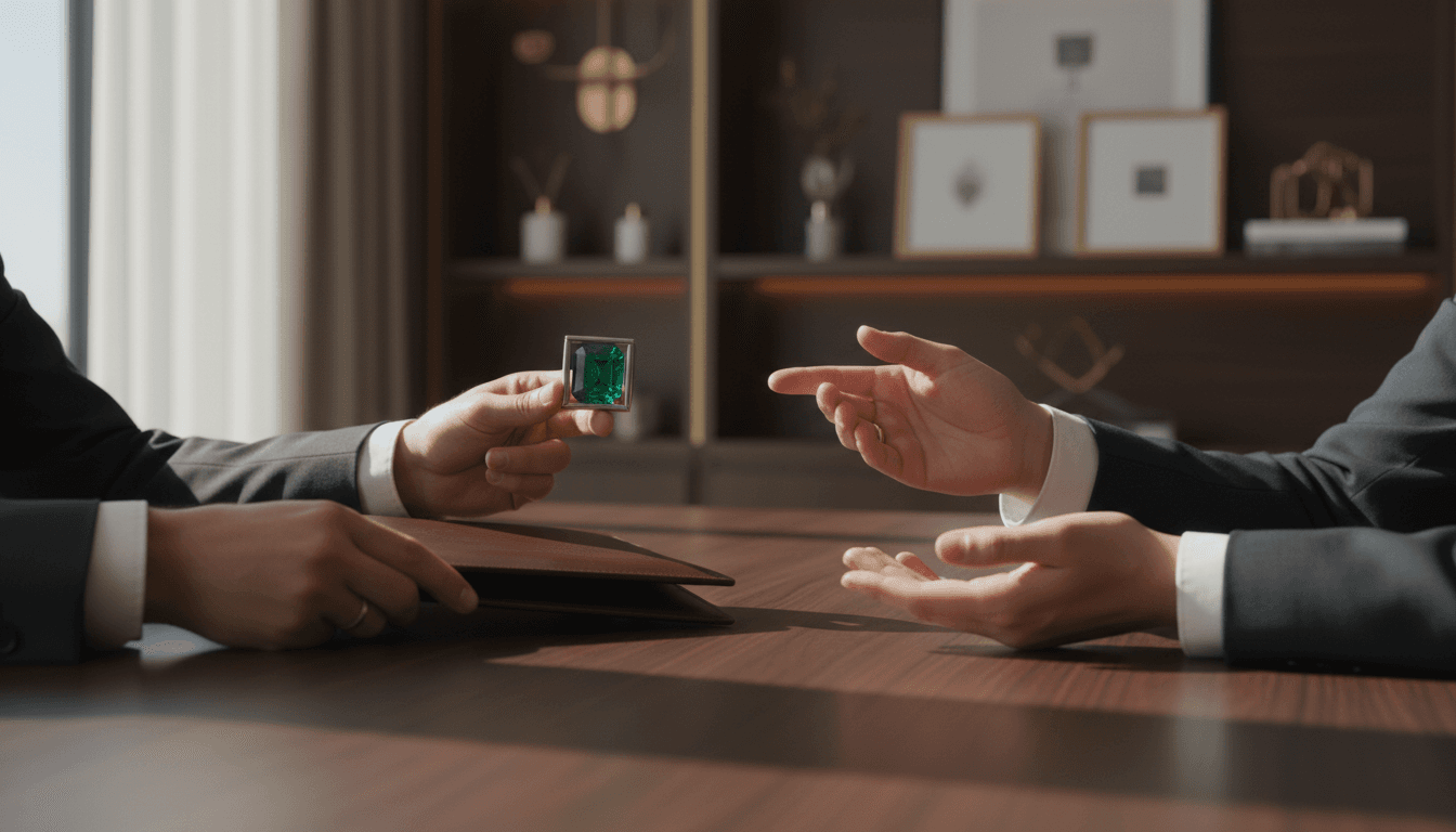 B2B wholesale transaction showing emerald display and professional partnership moment