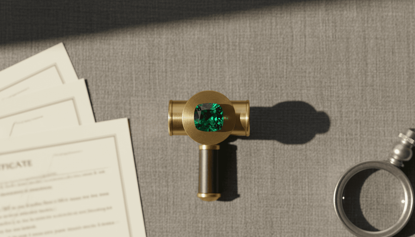 Colombian emerald with professional gemstone documentation and loupe on neutral background