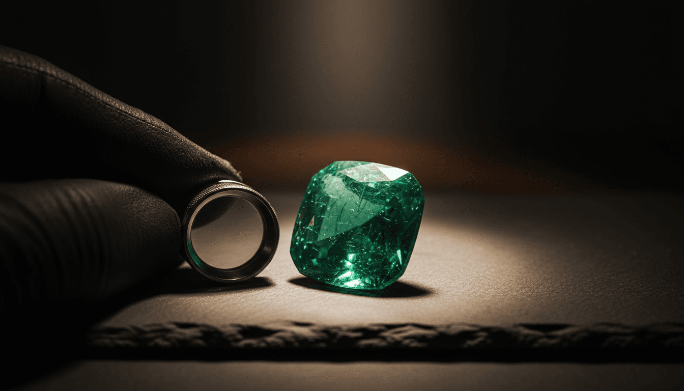Premium Colombian emerald being professionally examined under magnification
