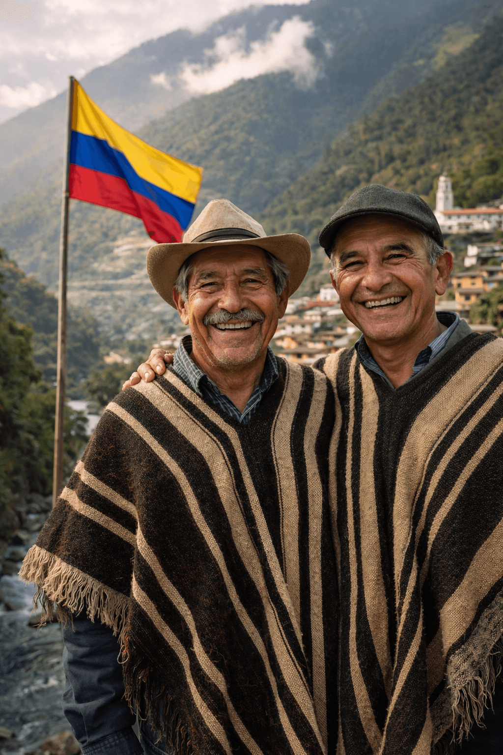 Two smiling men in traditional ruanas stand before a Colombian flag and lush green mountains.