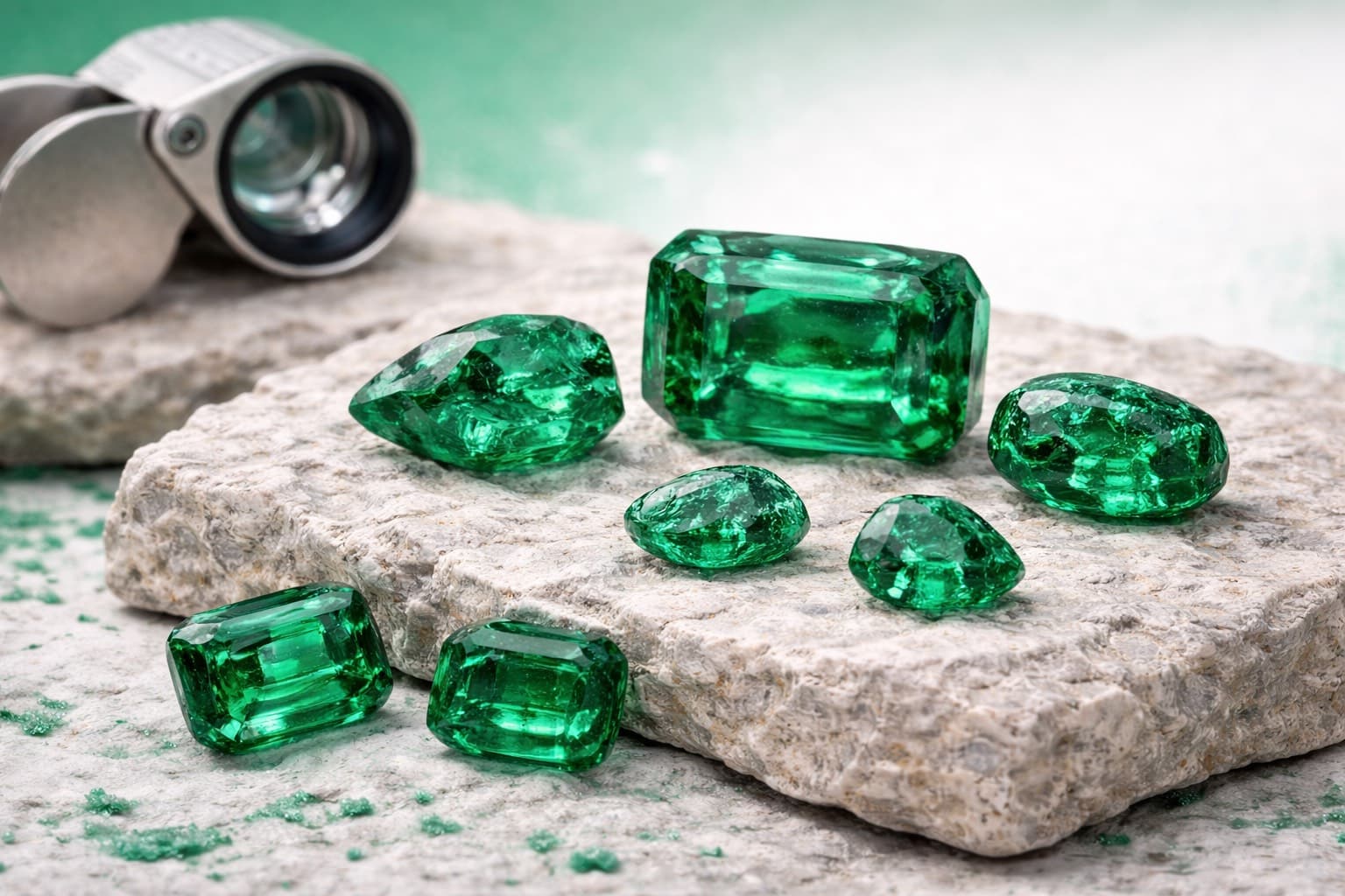 Faceted green emeralds of various shapes on a rough stone with a jeweler's loupe.
