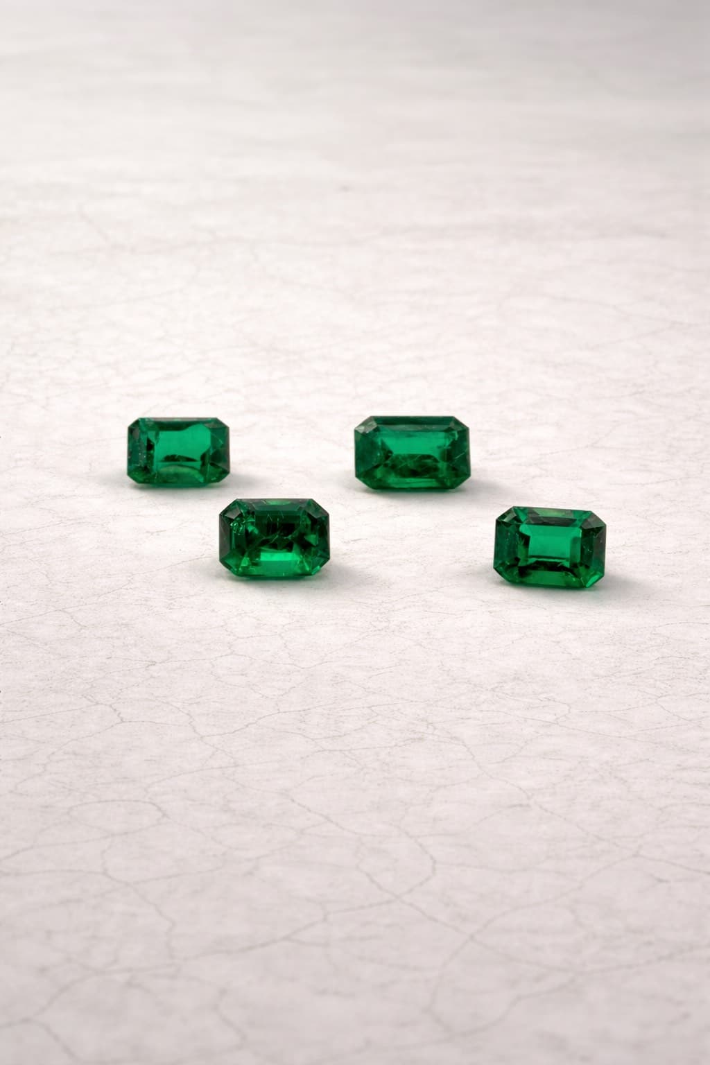 Four deep green emerald-cut gemstones resting on a light-colored, textured, cracked surface.