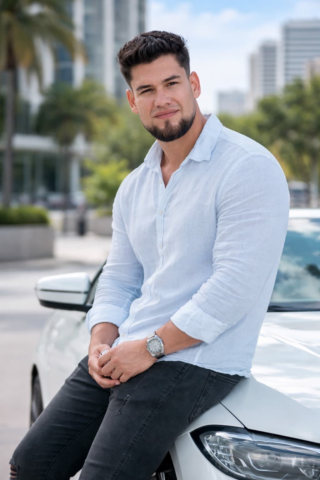 Bearded man in a light blue shirt and dark jeans leaning against a white car.