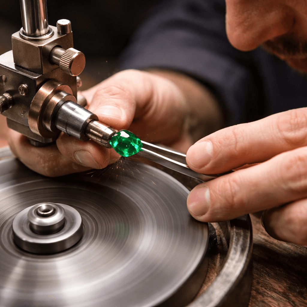 A lapidary uses a spinning metal wheel to precisely polish a vibrant green emerald.