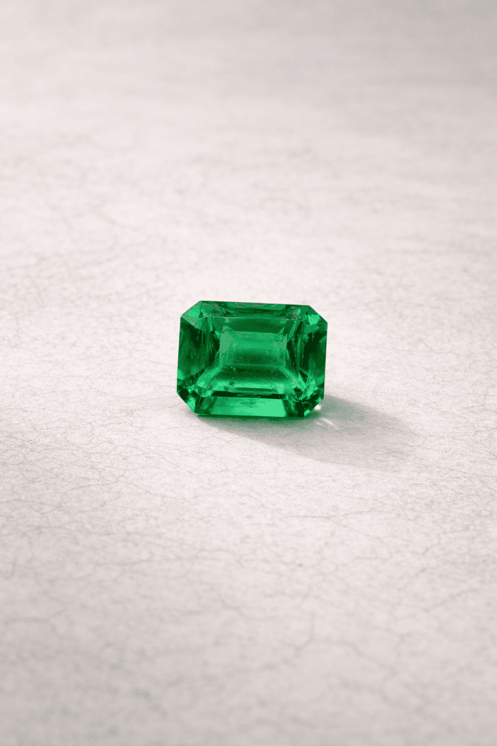 A vibrant green emerald-cut gemstone centered on a light, textured surface with soft shadows.