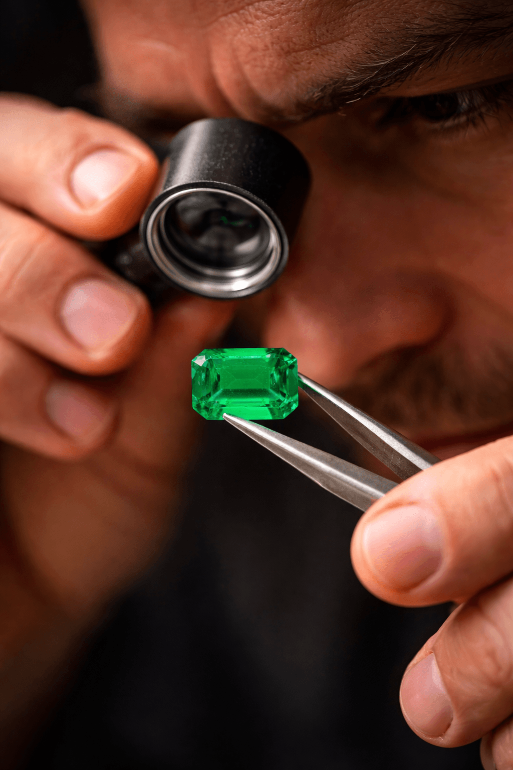 Jeweler inspecting a rectangular green emerald through a magnifying loupe while holding it with tweezers.